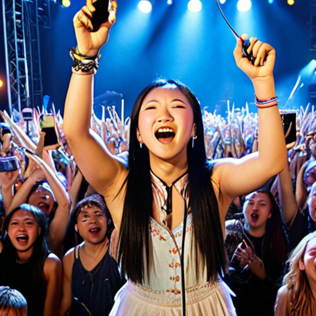 **Image Prompt:** A vibrant, energetic concert scene. Angela Chang is on stage, illuminated by bright lights, singing a rock anthem. The crowd is enthusiastically singing along, many holding up their phones to record. The atmosphere is electric and full of youthful energy. The style should be reminiscent of a modern German music festival.