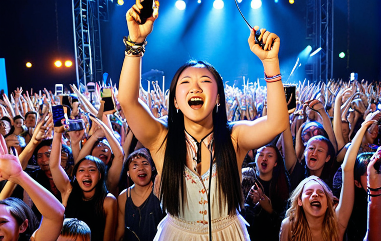 **Image Prompt:** A vibrant, energetic concert scene. Angela Chang is on stage, illuminated by bright lights, singing a rock anthem. The crowd is enthusiastically singing along, many holding up their phones to record. The atmosphere is electric and full of youthful energy. The style should be reminiscent of a modern German music festival.