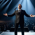 A professional male vocalist on a grand concert stage, performing with profound emotional intensity. He is wearing an elegant, modest, dark professional stage suit, fully clothed, appropriate attire. Dramatic spotlights illuminate him from above, casting dynamic light and shadow across the vast, blurred audience. The atmosphere is electrifying, capturing a moment of pure musical artistry. Perfect anatomy, correct proportions, natural pose, well-formed hands, proper finger count, natural body proportions, professional photography, high quality, safe for work, appropriate content, modest, family-friendly.
