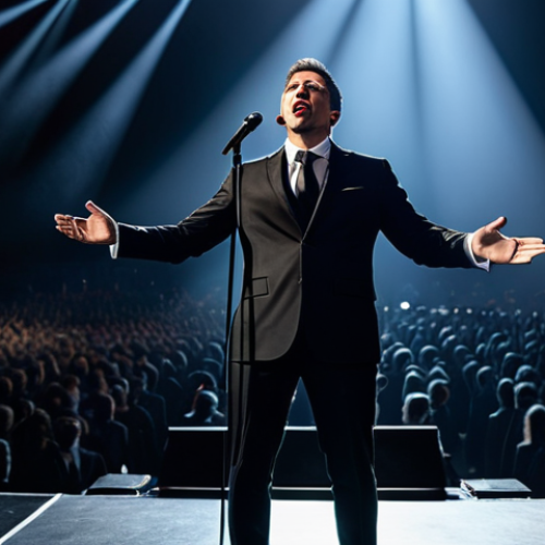 Home 7 A professional male vocalist on a grand concert stage, performing with profound emotional intensity. He is wearing an elegant, modest, dark professional stage suit, fully clothed, appropriate attire. Dramatic spotlights illuminate him from above, casting dynamic light and shadow across the vast, blurred audience. The atmosphere is electrifying, capturing a moment of pure musical artistry. Perfect anatomy, correct proportions, natural pose, well-formed hands, proper finger count, natural body proportions, professional photography, high quality, safe for work, appropriate content, modest, family-friendly.