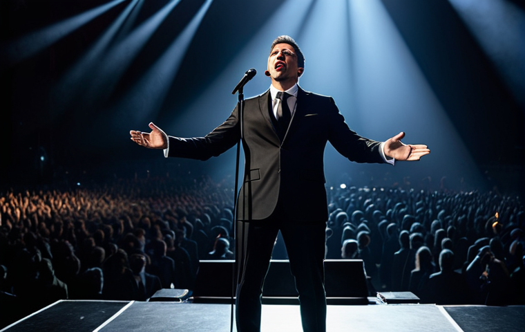 A professional male vocalist on a grand concert stage, performing with profound emotional intensity. He is wearing an elegant, modest, dark professional stage suit, fully clothed, appropriate attire. Dramatic spotlights illuminate him from above, casting dynamic light and shadow across the vast, blurred audience. The atmosphere is electrifying, capturing a moment of pure musical artistry. Perfect anatomy, correct proportions, natural pose, well-formed hands, proper finger count, natural body proportions, professional photography, high quality, safe for work, appropriate content, modest, family-friendly.