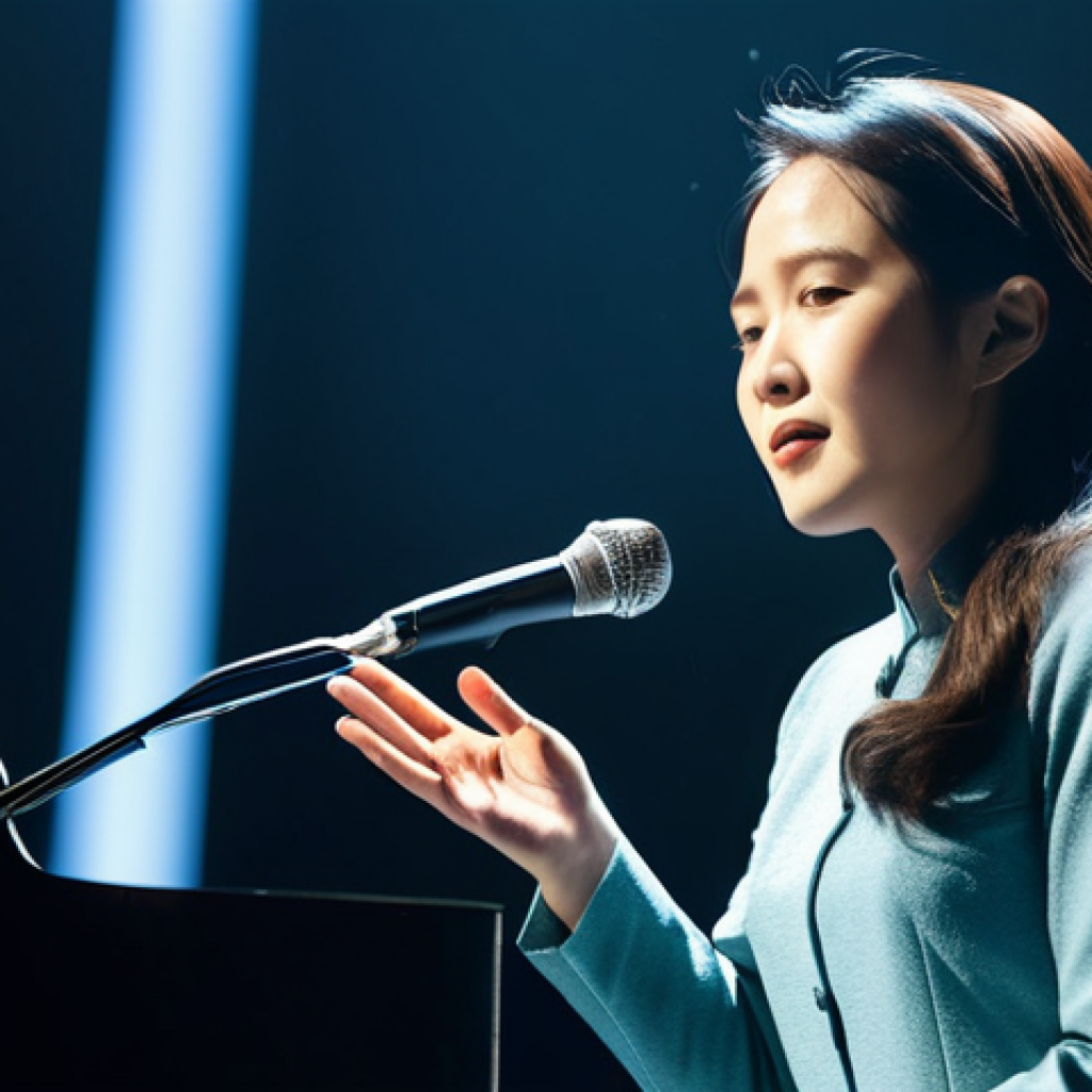A professional female vocalist resembling Fish Leong, dressed in a modest, elegant long-sleeved dress, performing in a serene, softly lit concert hall. Her expression is calm and deeply emotional, conveying solace and connection through her music. The background is blurred, focusing on her presence. perfect anatomy, correct proportions, natural pose, well-formed hands, proper finger count, natural body proportions, professional photography, high detail, studio lighting, soft focus, safe for work, appropriate content, fully clothed, modest clothing, family-friendly.
