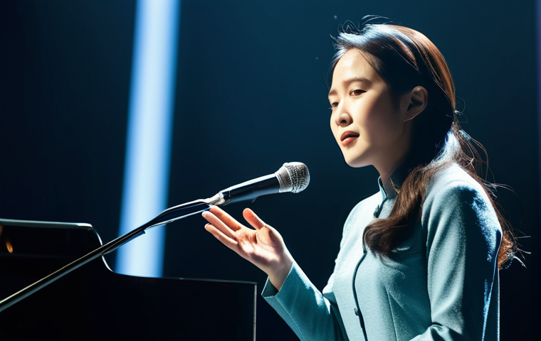A professional female vocalist resembling Fish Leong, dressed in a modest, elegant long-sleeved dress, performing in a serene, softly lit concert hall. Her expression is calm and deeply emotional, conveying solace and connection through her music. The background is blurred, focusing on her presence. perfect anatomy, correct proportions, natural pose, well-formed hands, proper finger count, natural body proportions, professional photography, high detail, studio lighting, soft focus, safe for work, appropriate content, fully clothed, modest clothing, family-friendly.