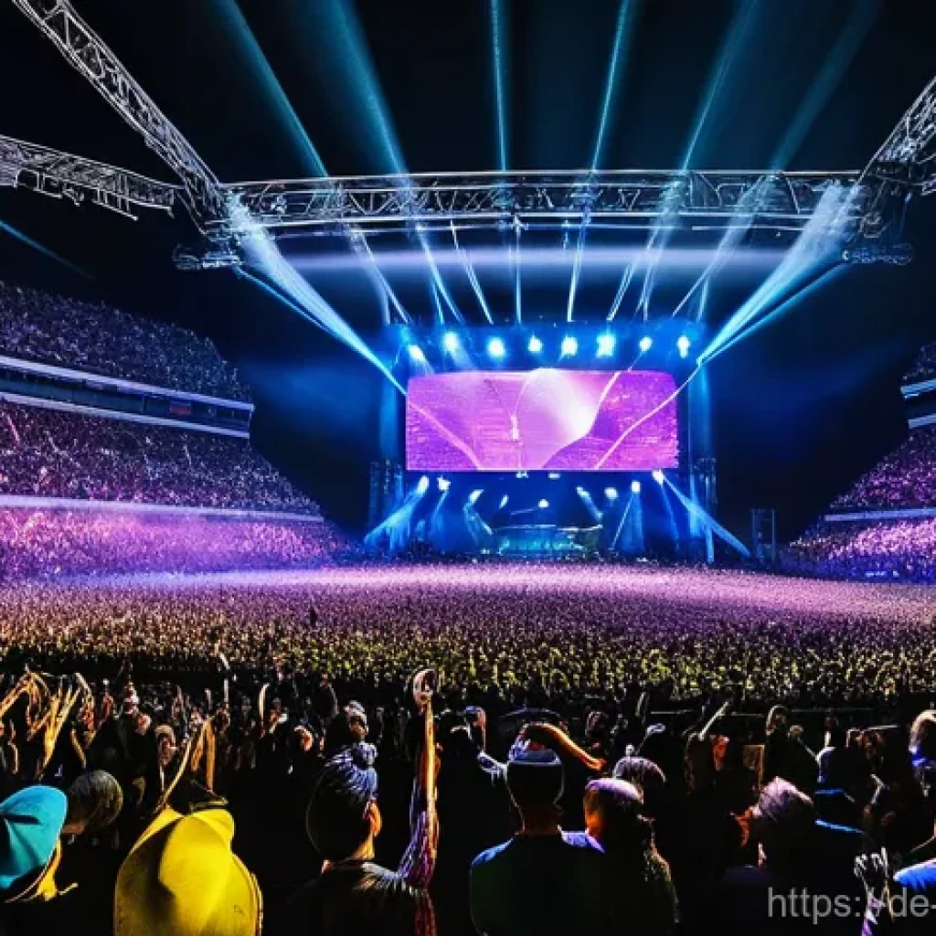 Mayday 五月天 의 밴드 신에서의 혁명적 존재 - **Dynamic Live Concert Energy:** A panoramic shot of a massive stadium during a Mayday concert, fill...