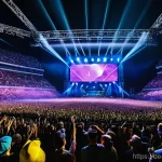 Mayday  五月天 의 밴드 신에서의 혁명적 존재 - **Dynamic Live Concert Energy:** A panoramic shot of a massive stadium during a Mayday concert, fill...