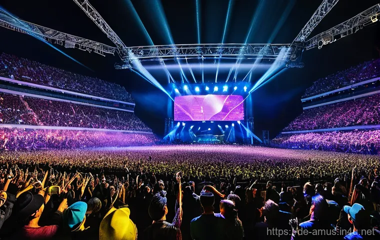 Mayday 五月天 의 밴드 신에서의 혁명적 존재 - **Dynamic Live Concert Energy:** A panoramic shot of a massive stadium during a Mayday concert, fill...