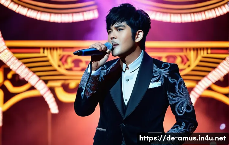 Jay Chou의 영화 제작과 사운드트랙 참여 - **Prompt:** A vibrant, dynamic full-body portrait of Jay Chou on a stage, capturing his essence as a...
