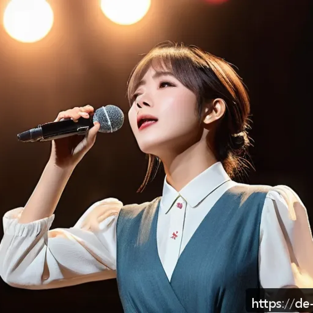 Aimer와 그녀의 독특한 목소리가 담긴 애니메이션 OST - A graceful female anime singer performing on stage during a live concert, wearing elegant contempora...