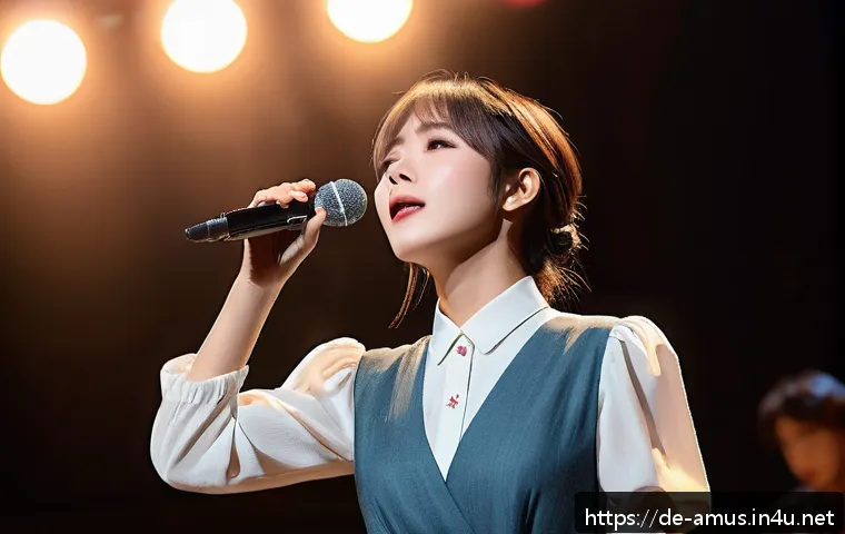 Aimer와 그녀의 독특한 목소리가 담긴 애니메이션 OST - A graceful female anime singer performing on stage during a live concert, wearing elegant contempora...